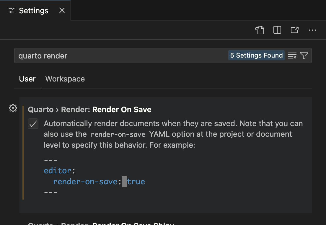 The VS Code Quarto render settings. The Render on Save option is checked.